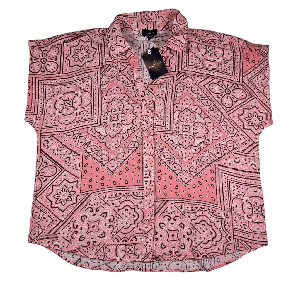 Nautica Pink Bandana Paisley Button Down Short Sleeve Tunic Top Women's Sz L NWT
